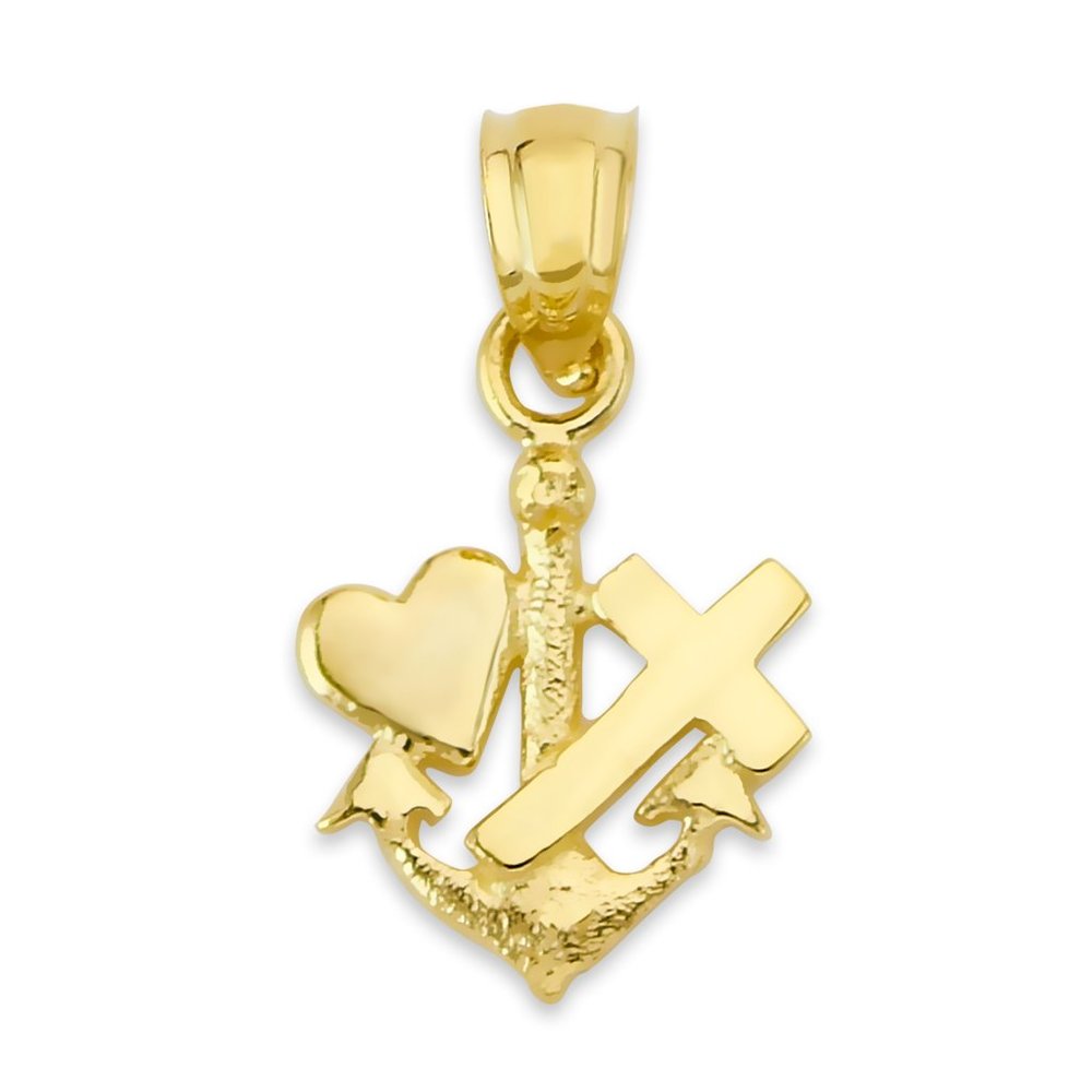 Solid 10k Gold Hope Faith and Love Pendant - Anchor Cross Heart Jewelry